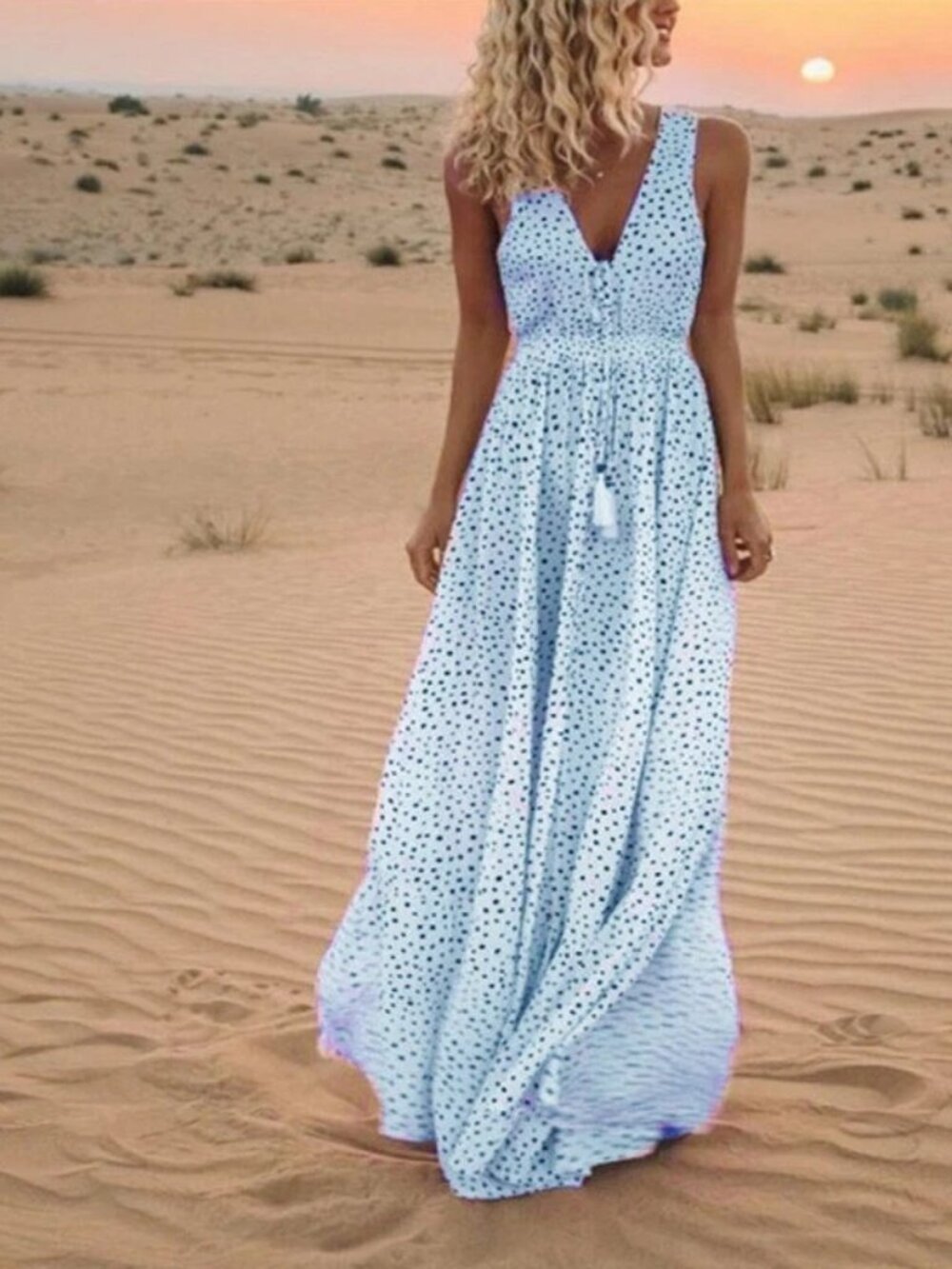 Women Sleeveless Polka Dots Boho Maxi Dress Cocktail Party Summer Beach Sundress
